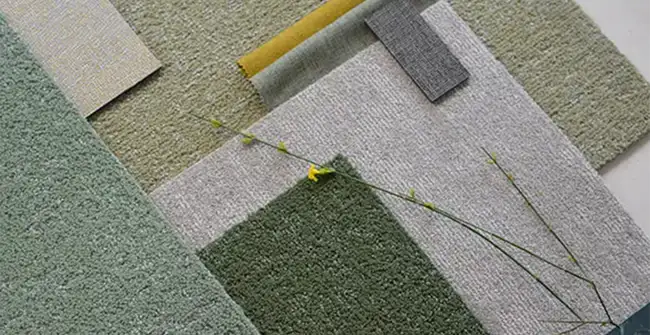 green and neutral palette of fabric and carpet swatches 