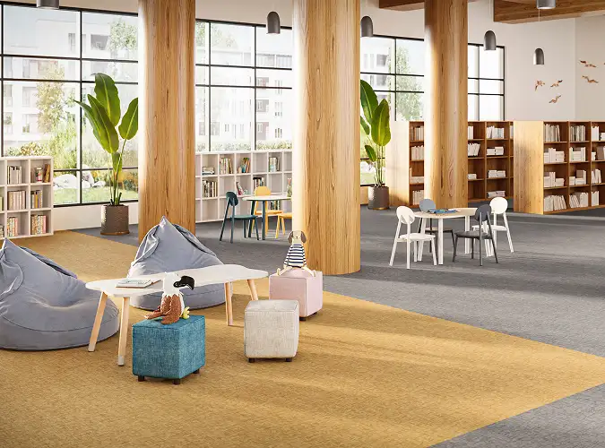 Library with En Plein Air flooring in yellow and gray