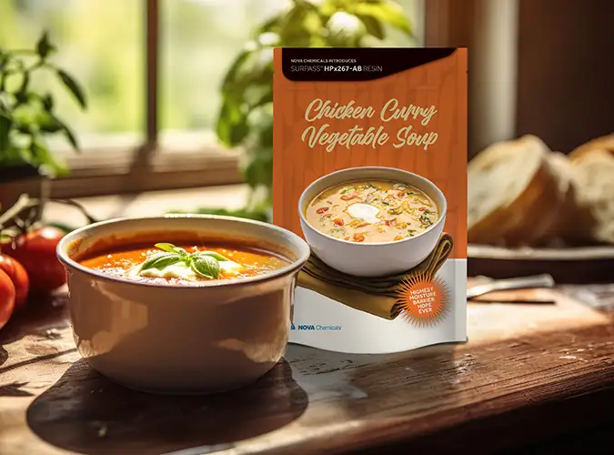 photo of soup in a bowl with packaging container using our UltraGuard Solution