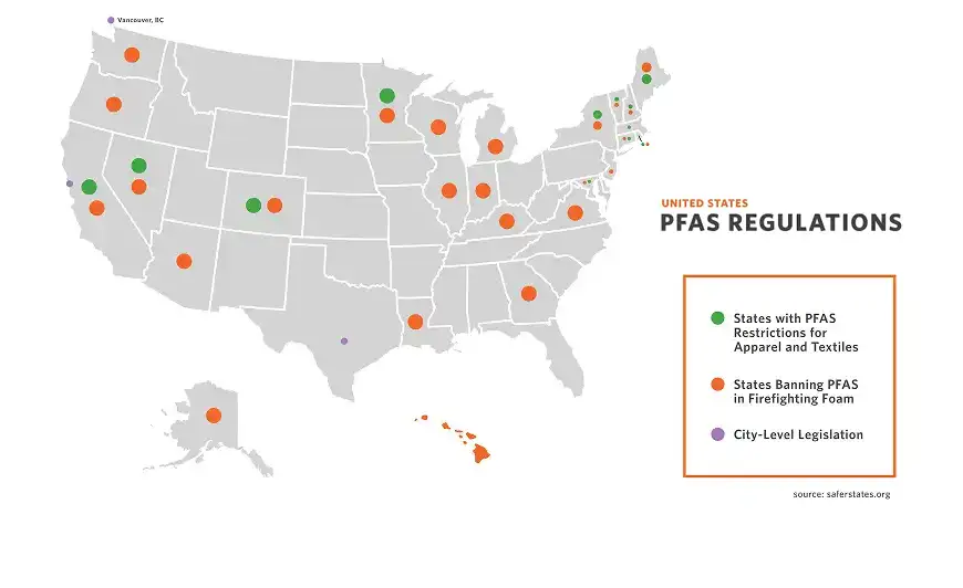 Flame Resistant Fabrics- PFAS Regulations map