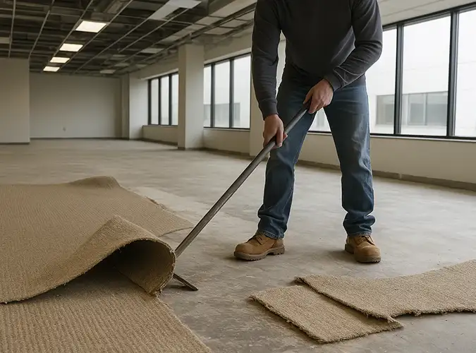 person using a tool to remove old carpet
