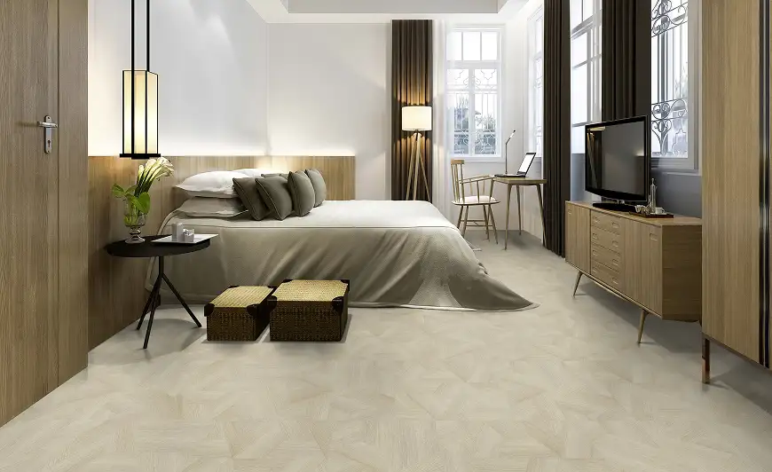 Guestroom with wood finishes and LVT flooring