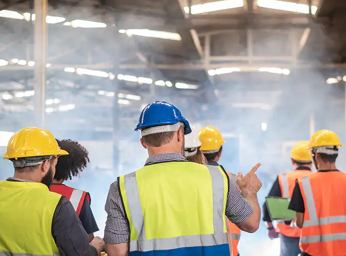 group of people wearing safety gear on manufacturing plant floor