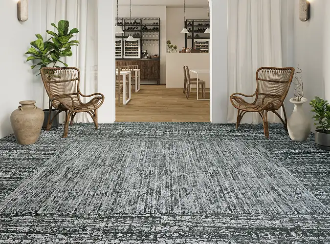 Rattan chairs in seating area with Ignited Earth flooring