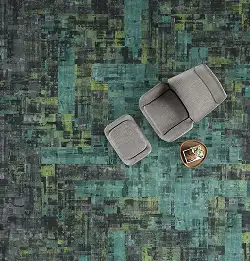 Aerial view of seating area with green and gray carpet tile