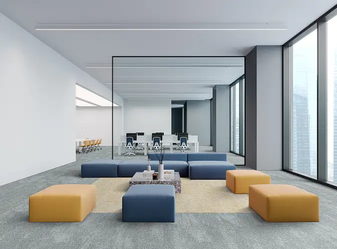 Seating area in open office with carpet from the Air Born collection