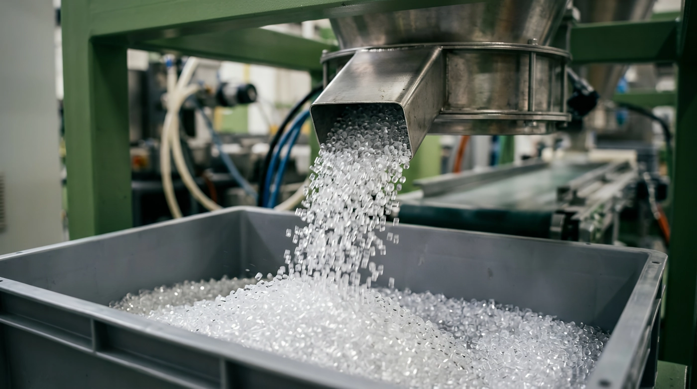 Plastic pellets being dumped out of a steel feeder into a large bin