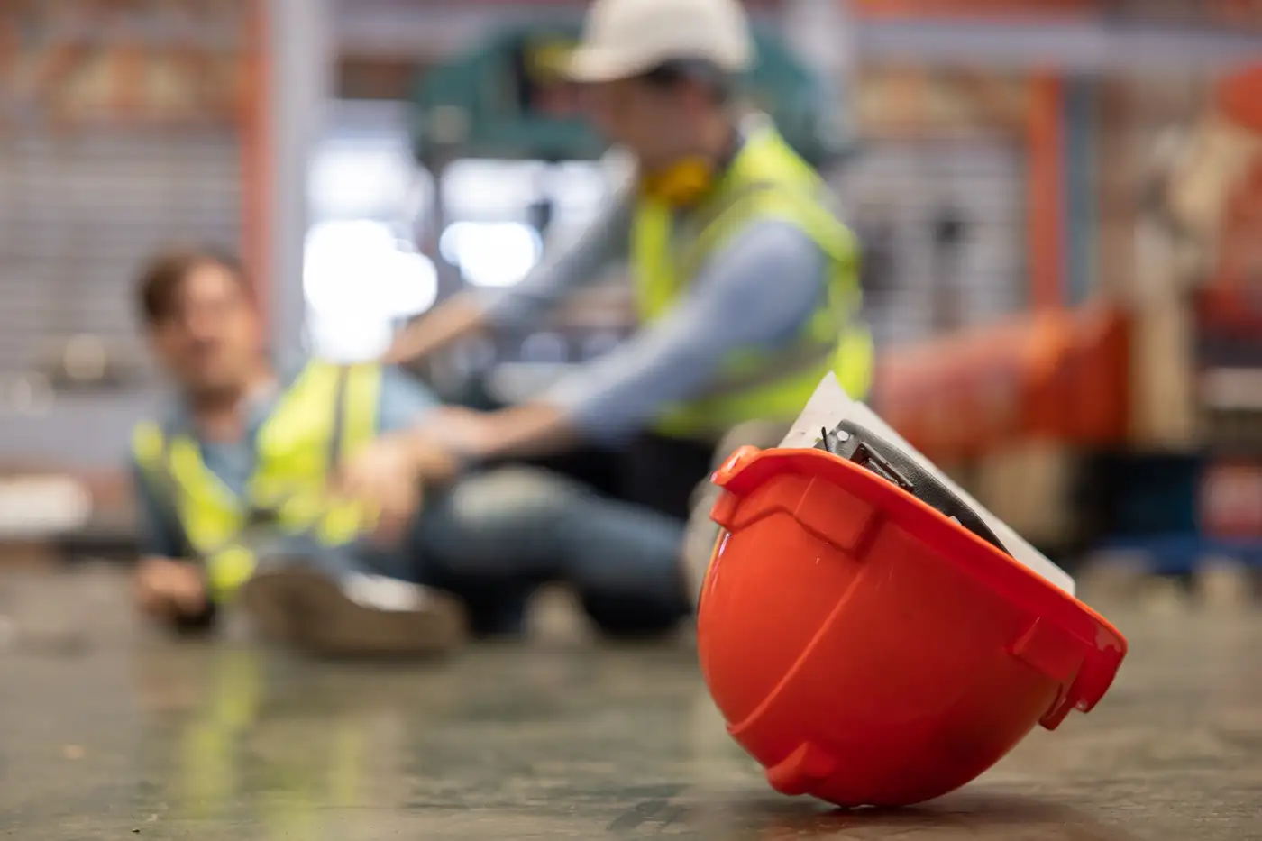 two out of focus workers with an orange hard hat in focus in the foreground