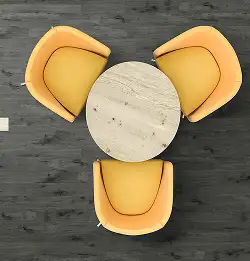 aerial view of seating area with yellow chairs and Local Measure flooring