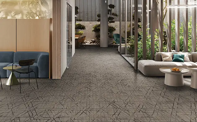 Geometric carpet installed in a public seating area