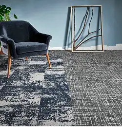 seating area with textured carpet tile from the Grain and Bias collection