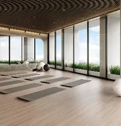 Yoga studio with mats with a wood look resilent flooring