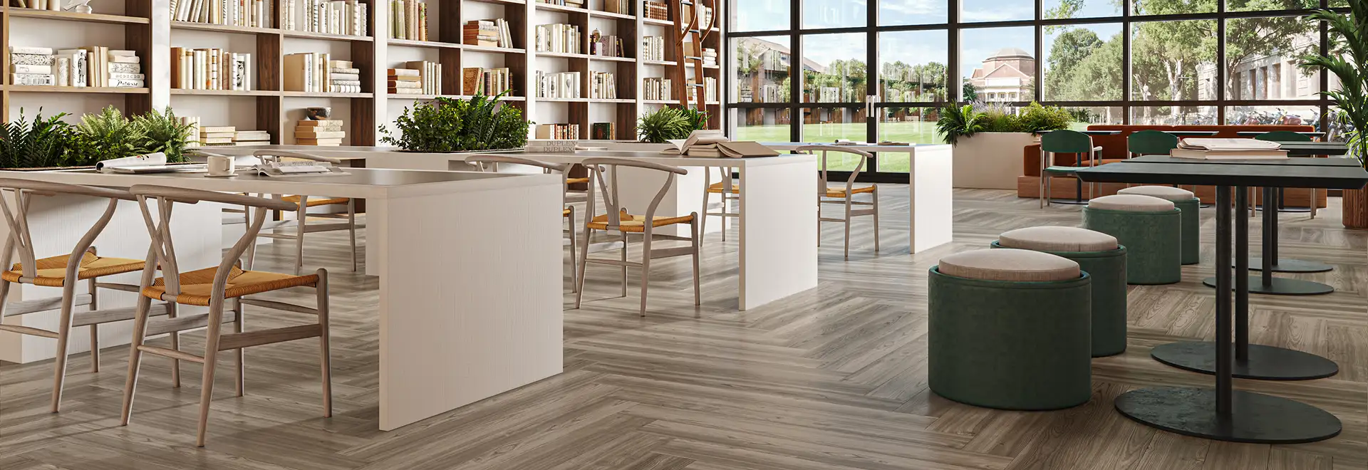 modern library with seating on LVT flooring