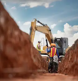 Large machine digging trench with person is safety gear