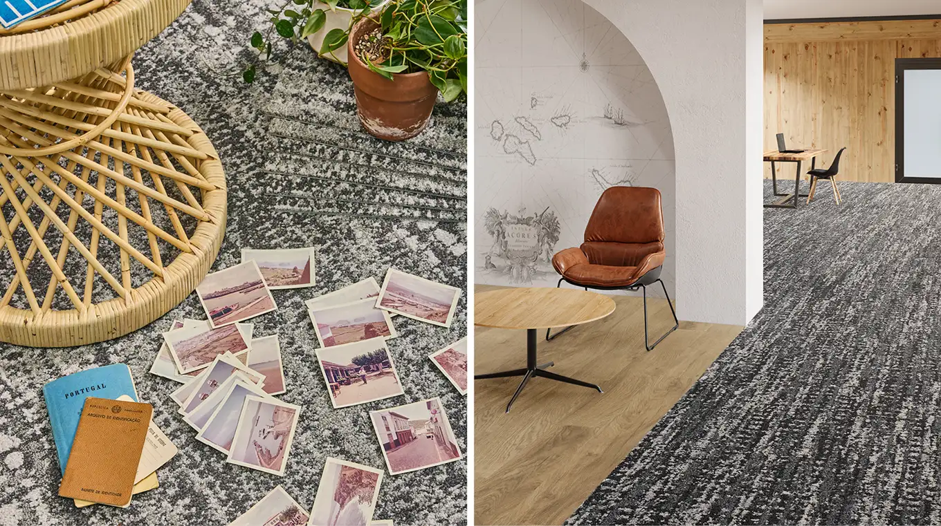 Rattan stool with photos and open office guestroom with Ignited Earth flooring