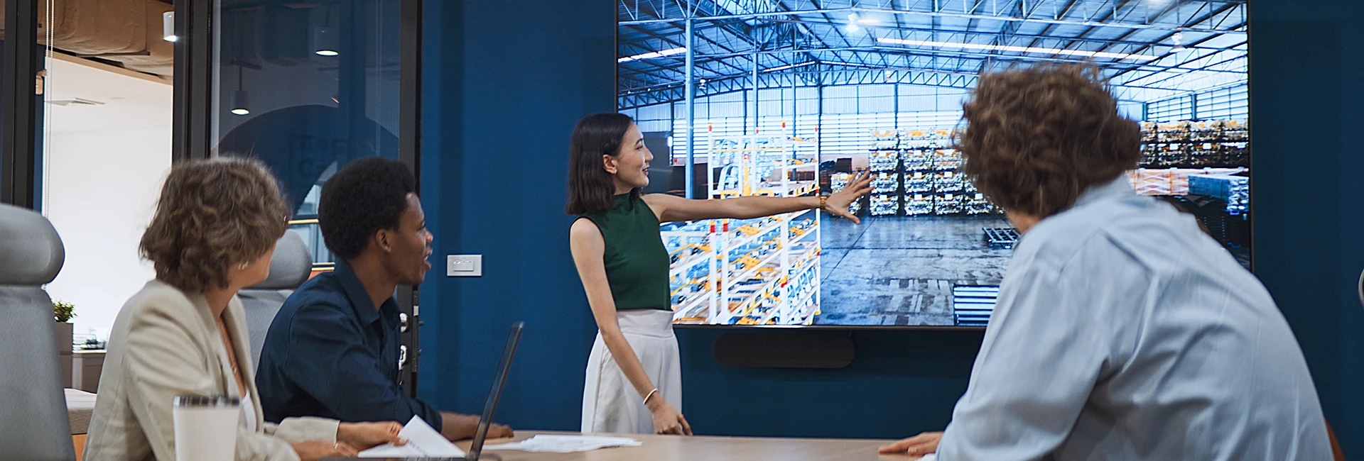 Group of professionals discussing a presentation during a meeting