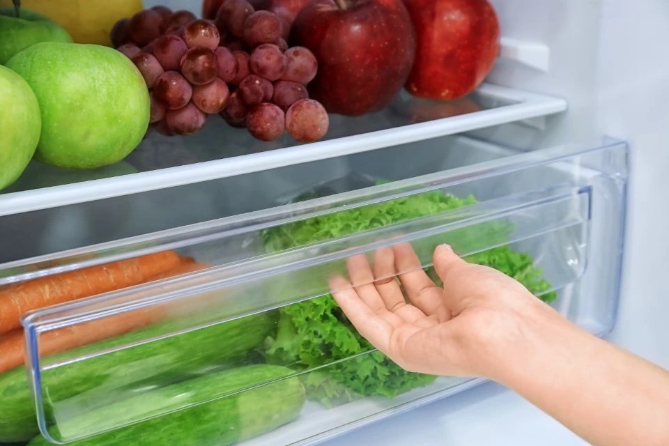 person opening a clear fridge drawer with fresh vegetables