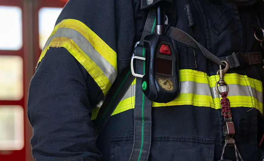 close shot of fire service person in PFAS Free Milliken fabrics