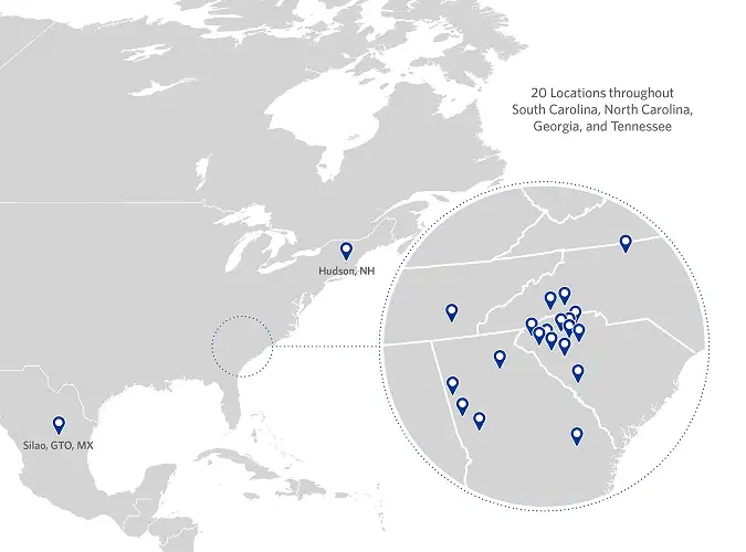 Map showing Milliken textile manufacturing locations