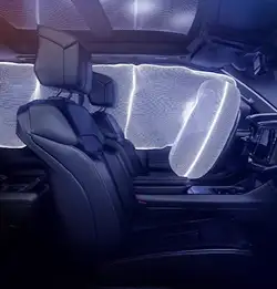 Airbag and side curtain being deployed within card