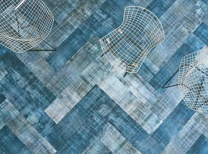 aerial view of seating area with blue carpet