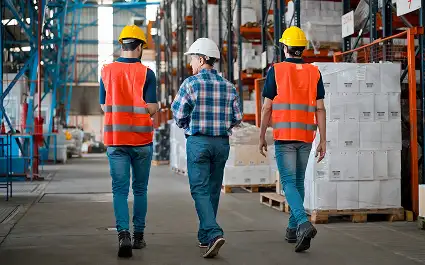 Three people in warehouse area walking away and talking all with hard hats
