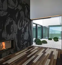 beautiful shot of resilent flooring with large window that shows courtyard