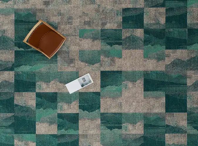 Aerial view seating area with  jade and tan flooring
