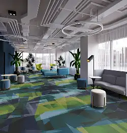 colorful green and blue plank carpet tile in open public space