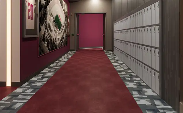 educational hallway with Lumenology resilent flooring in red and gray