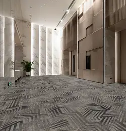hotel elevator lobby with geometric carpet