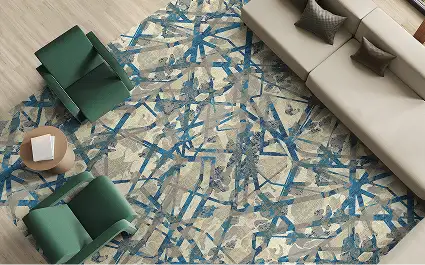 overhead view of seating area with patterned carpet tile flooring