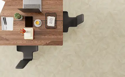overhead view of wooden table and seating on LVT from the Symmetry collection
