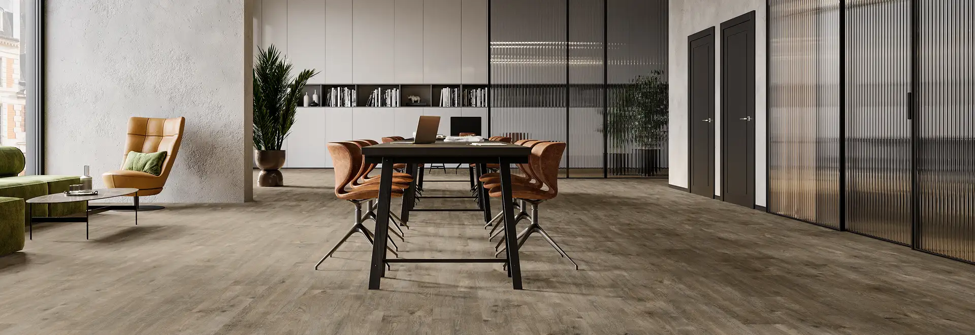 Large open office space with confernce table on Resilient Flooring