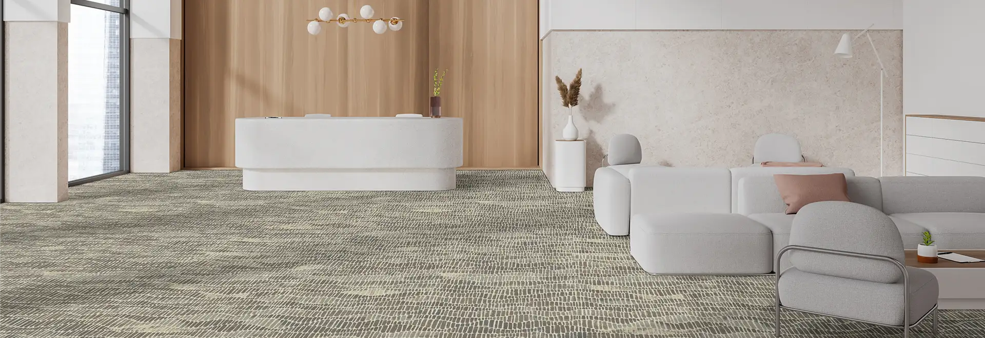 Modern reception area with wood wall and organic patterned carpet tile