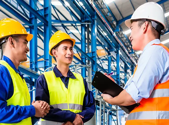 group of associates talking with safety gear on