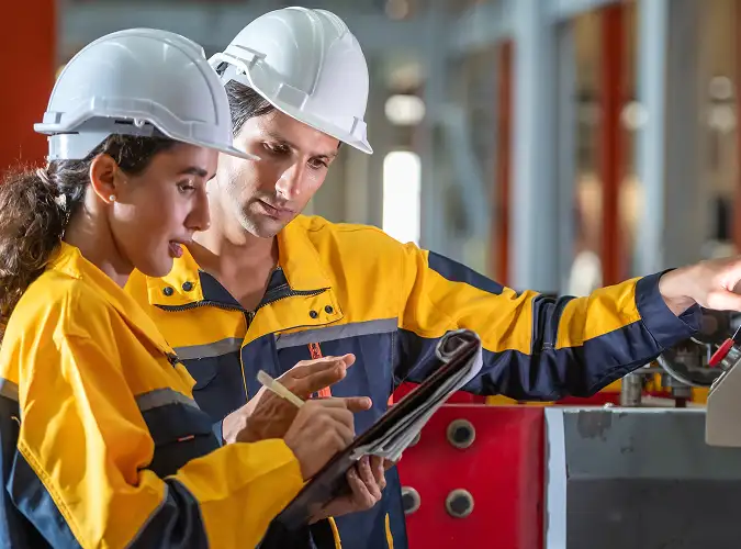 two people with hard hats and safety gear looking at a clip board