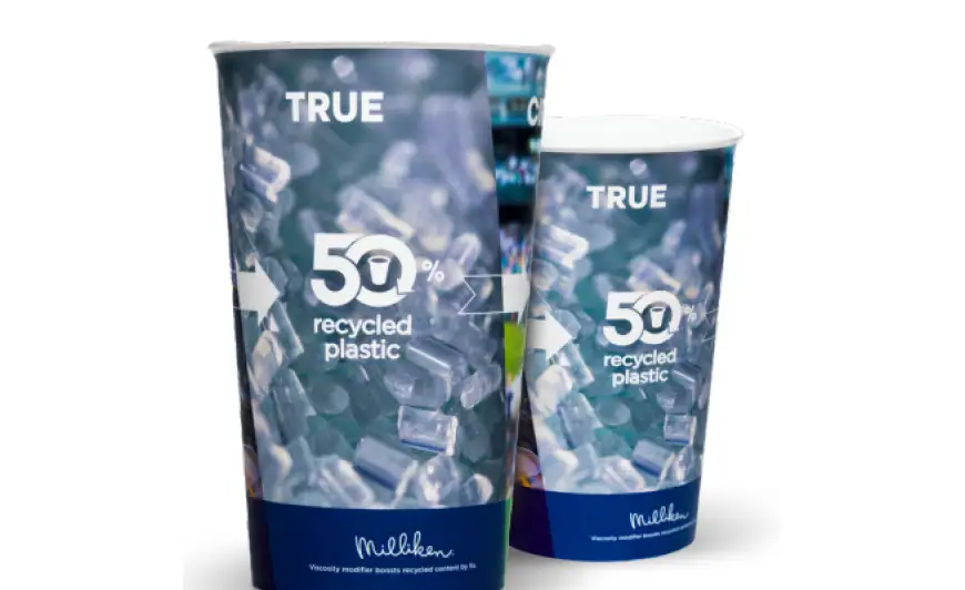 Blue cups with printed ice image using 50% recycled plastic