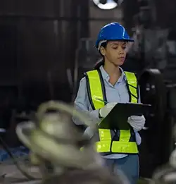 person wearing saftey gear with clip board