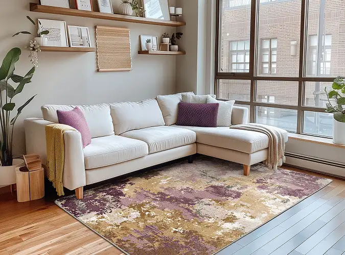 Beutiful living space with white sectional and earth toned rug