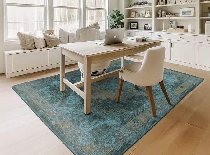 home office with beautiful teal area rug