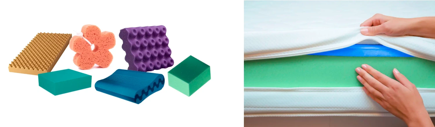 Reactint color compilation following color trends and a person touching colored foam layer on matress