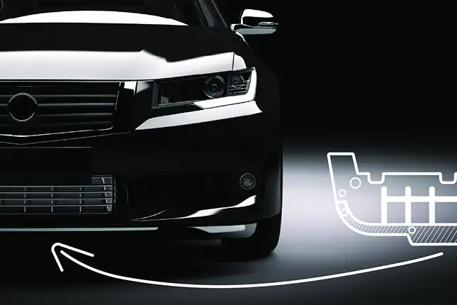 front of a black car with diagram showing part of the front