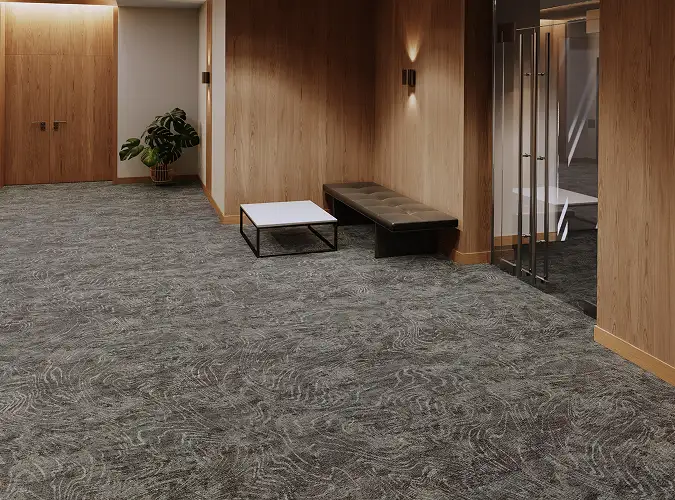 rich workplace hallway with wood walls and textured carpet tile form the Common Factor 2 collection