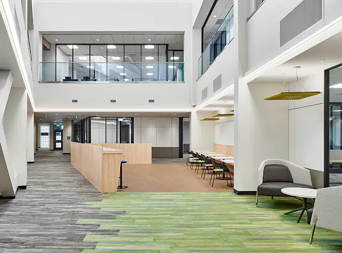 public space in workplace with green and gray Color Field plank carpet