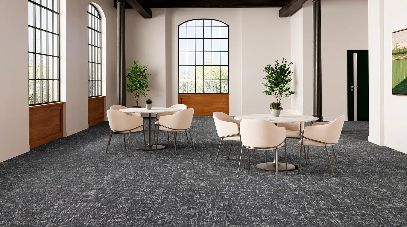 open space with seating with Gilded Stitch flooring