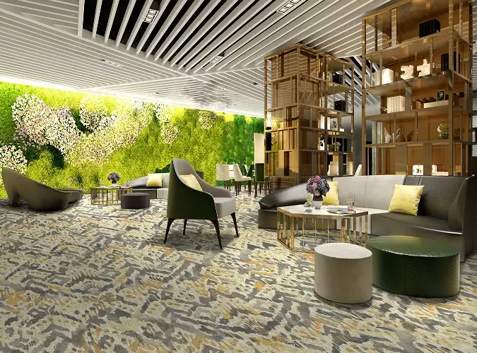 public space with bold patterned carpet tile and large image of greenery on the wall