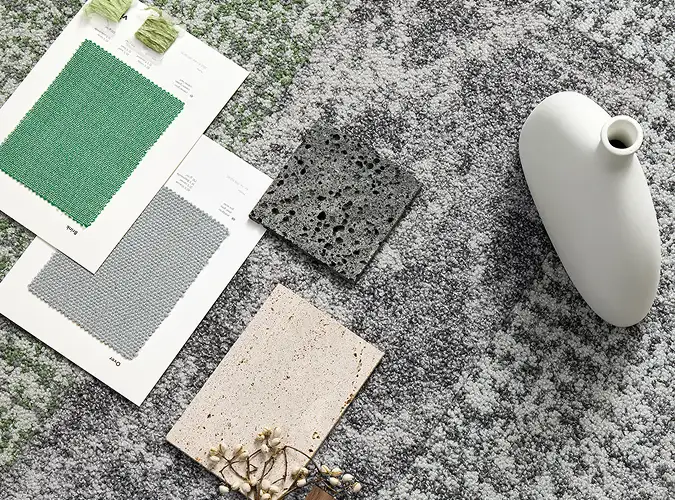 Fabric, a vase and design swatches on grey Milliken carpet