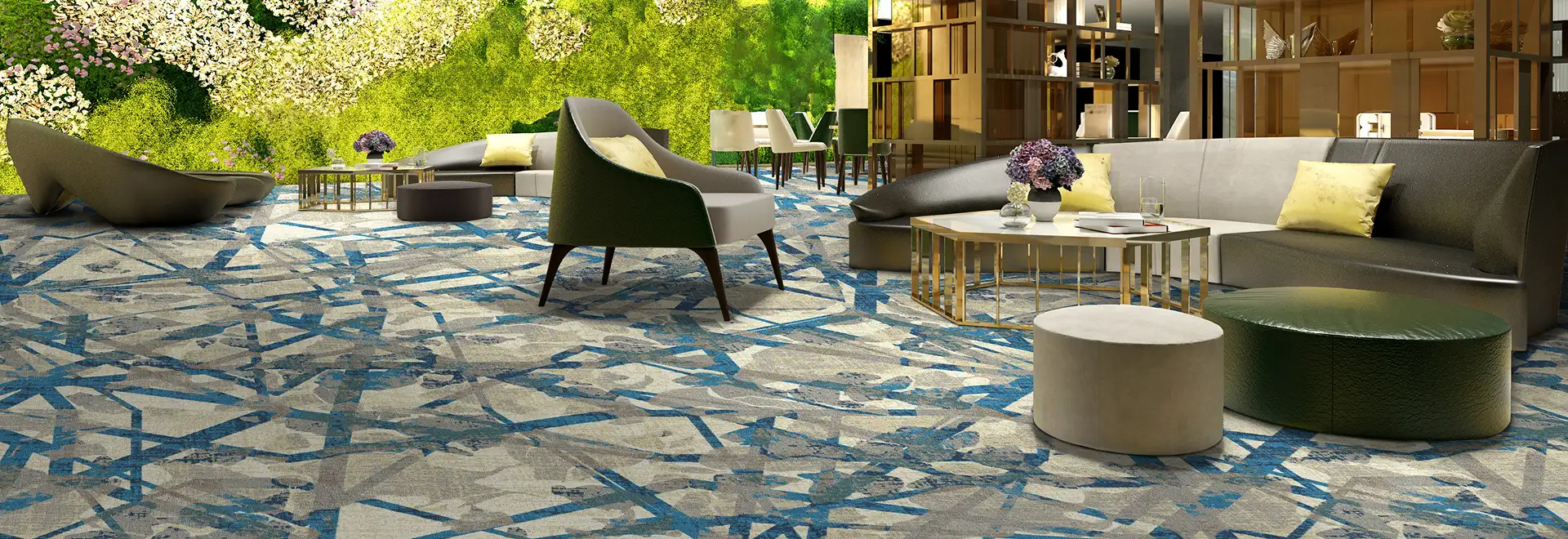 open public hospitality space with a biowall and organic patterned carpet in blues and greens