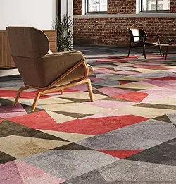 modern public space with colorful carpet tile flooring in reds and grays